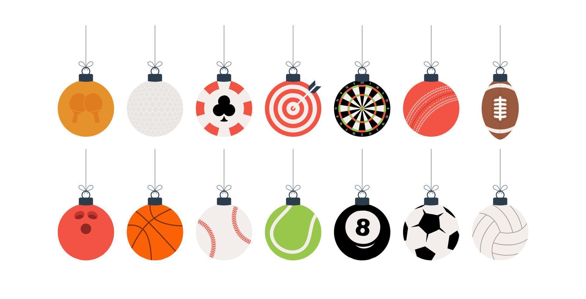sport julbollar set. julset med sport baseball, basket, fotboll, tennis, cricket, fotboll, volleyboll, bowling, biljard, dart, golfbollar hänger på en tråd. vektor illustration.