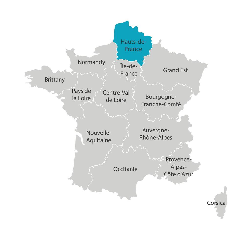 Vektor isoliert Illustration von vereinfacht administrative Karte von Frankreich. Blau gestalten von Hauts-de-France. Grenzen von das Provinzen, Regionen. grau Silhouetten. Weiß Umriss.