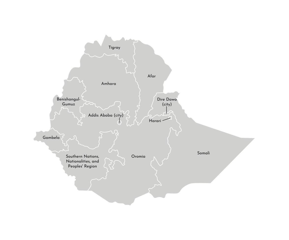 Vektor isoliert Illustration von vereinfacht administrative Karte von Äthiopien. Grenzen und Namen von das Regionen. grau Silhouetten. Weiß Gliederung