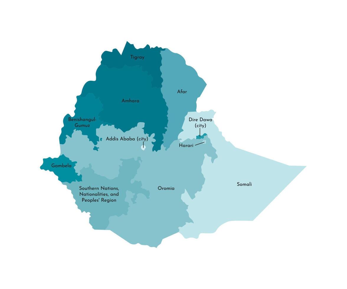 Vektor isoliert Illustration von vereinfacht administrative Karte von Äthiopien. Grenzen und Namen von das Regionen. bunt Blau khaki Silhouetten