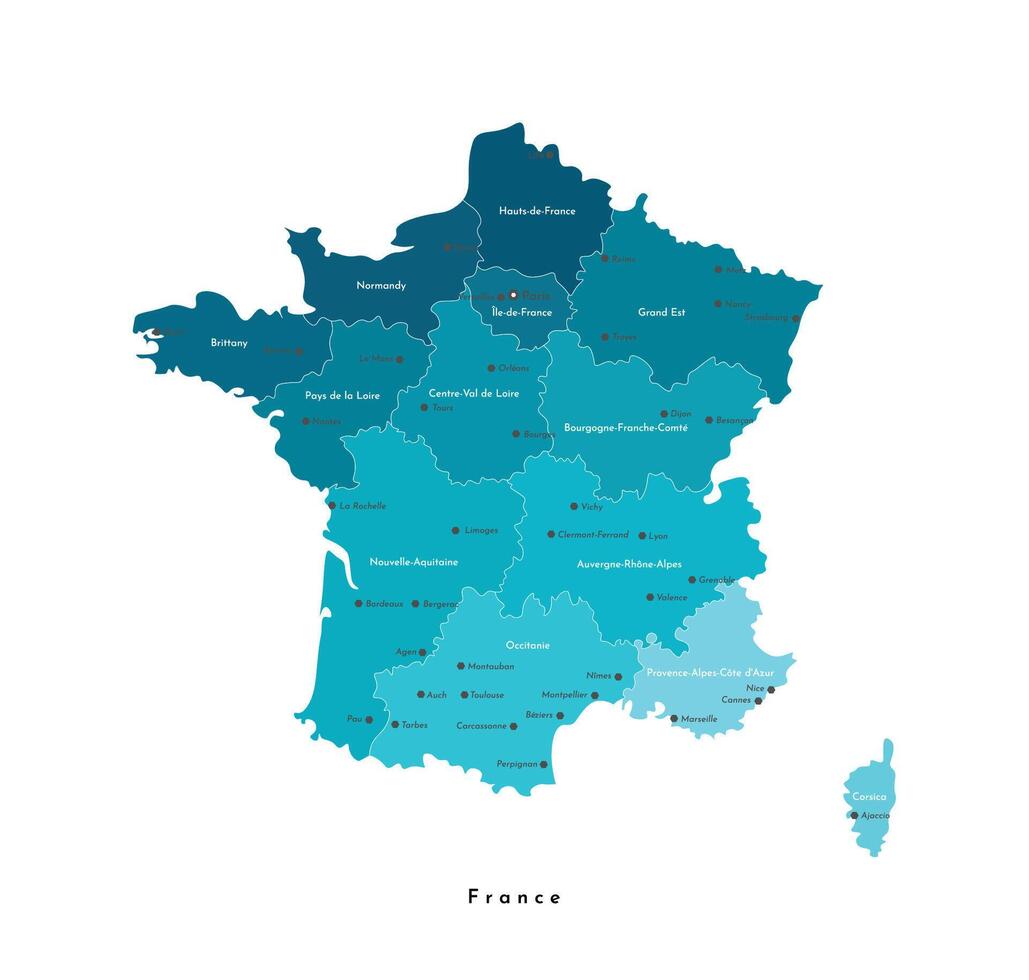 Vektor isoliert modern Illustration. vereinfacht geografisch Karte von Frankreich, Festland Region. Blau Form, whie Hintergrund. Namen von groß Französisch Städte und Regionen.