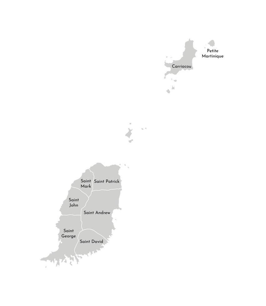 Vektor isoliert Illustration von vereinfacht administrative Karte von Grenada. Grenzen und Namen von das Pfarreien, Regionen und Inseln mit Status von Abhängigkeit. grau Silhouetten. Weiß Gliederung