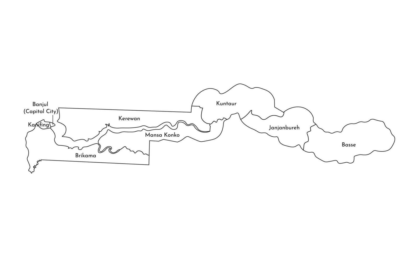 Vektor isoliert Illustration von vereinfacht administrative Karte von Gambia. Grenzen und Namen von das Regionen. schwarz Linie Silhouetten.