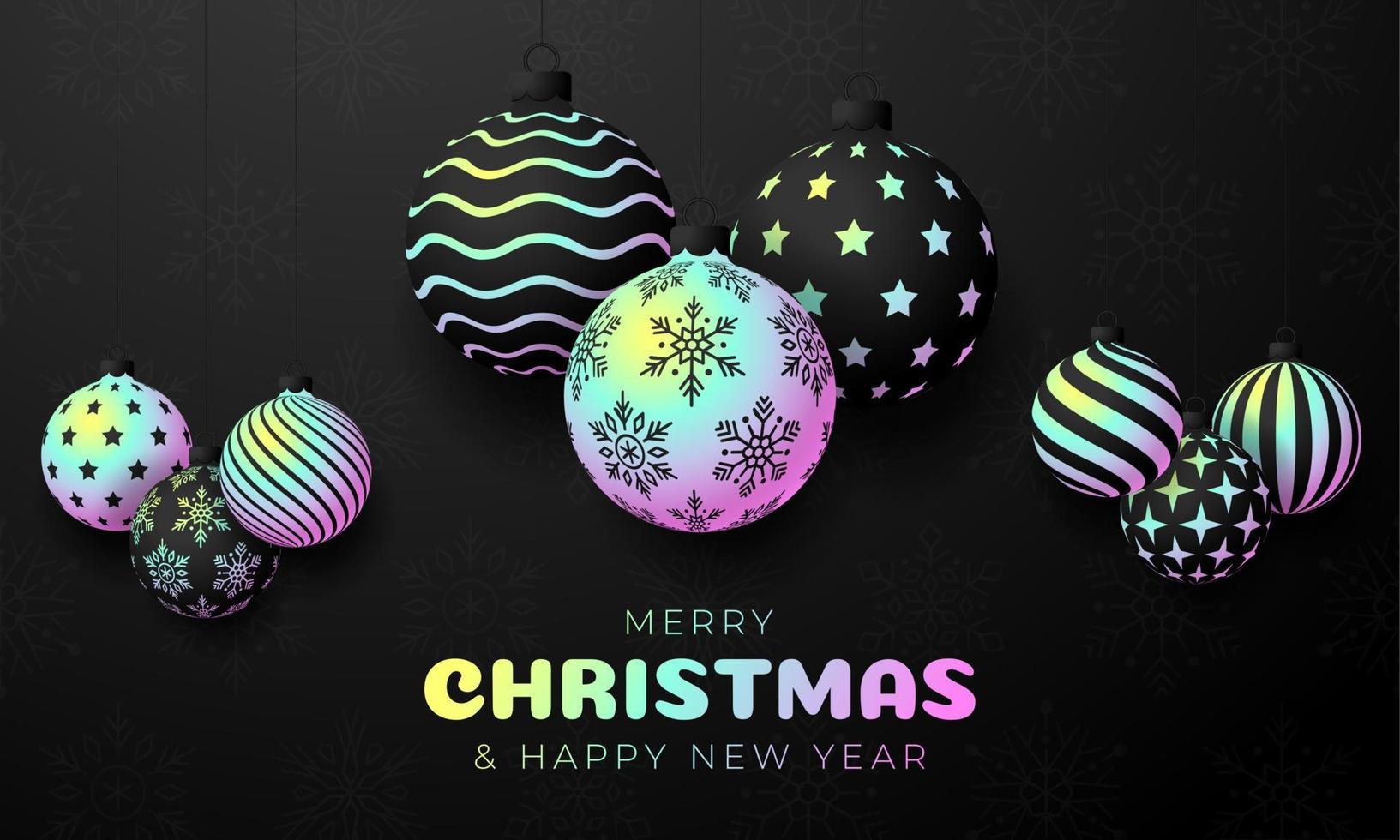 Weihnachtsgrußkarte holographische Folienkugel Kugel. Frohe Weihnachten und ein glückliches neues Jahr Banner mit irisierenden realistischen festlichen Ball-Gradienten holografischer Neon-Farbe. Vektor-Illustration vektor