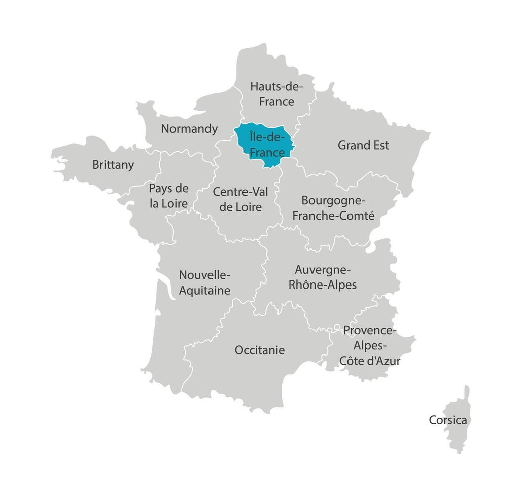 vektor isolerat illustration av förenklad administrativ Karta av Frankrike. blå form av ile-de-france. gränser av de provinser, regioner. grå silhuetter. vit översikt.