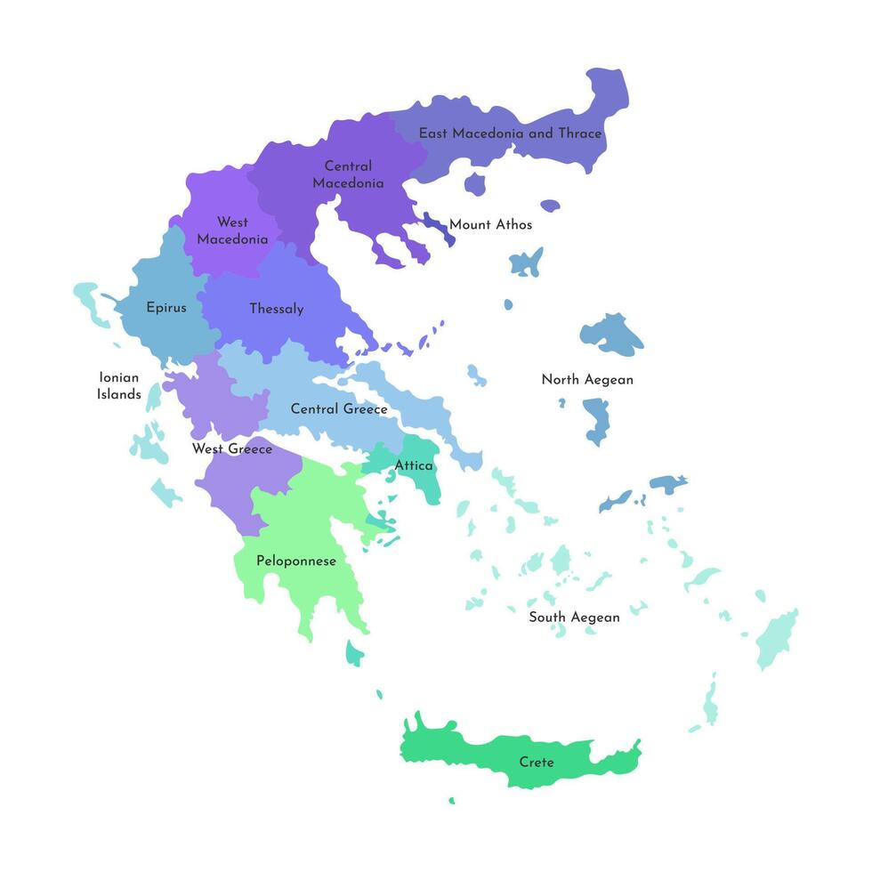 Vektor isoliert Illustration von vereinfacht administrative Karte von Griechenland. Grenzen und Namen von das Regionen. multi farbig Silhouetten.