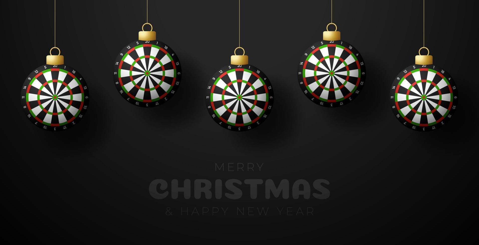 Dart-Weihnachtsgrußkarte. Frohe Weihnachten und ein glückliches neues Jahr hängen an einem Faden Dartscheiben als Weihnachtskugel. Sport-Vektor-Illustration. vektor