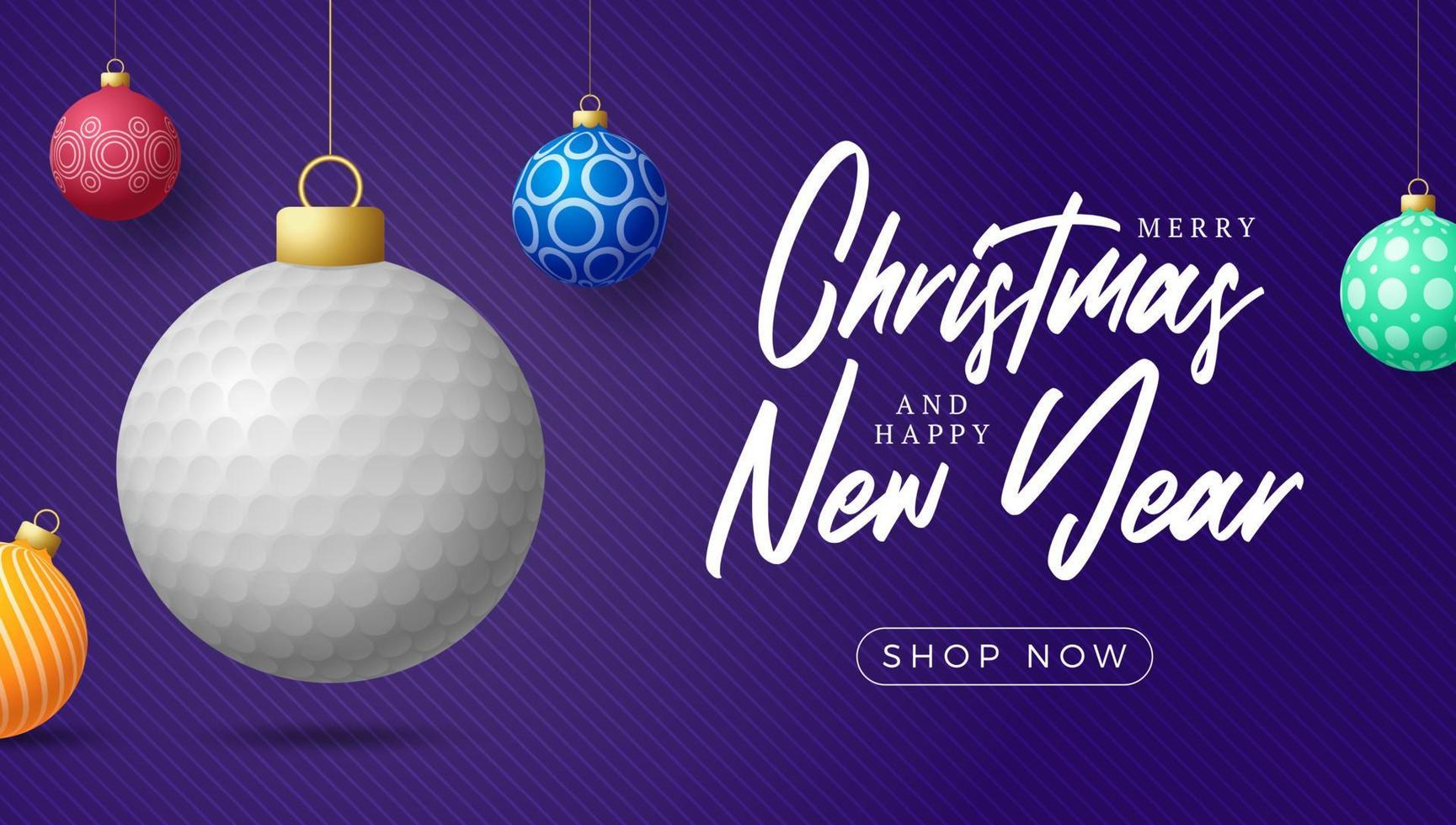 Golf-Weihnachtskarte. frohe weihnachten sportgrußkarte. Hängen Sie an einem Fadengolfball als Weihnachtsball und bunter Kugel auf horizontalem Hintergrund. Sport-Vektor-Illustration. vektor
