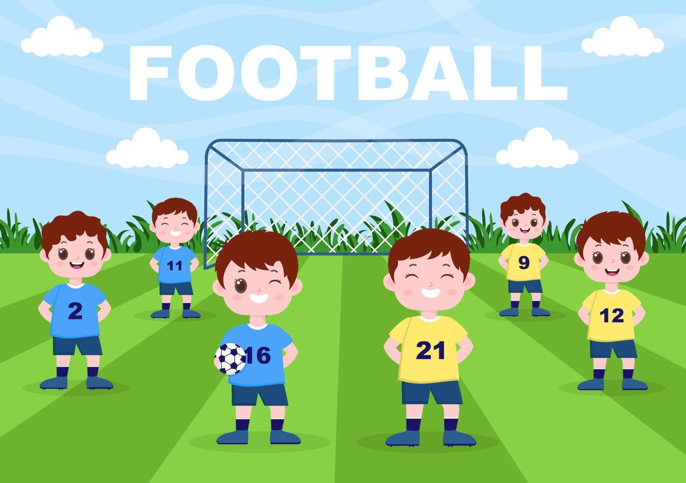 spela fotboll med pojkar spela fotboll bära sportuniform olika rörelser som sparkar, håller, försvarar, parerar och attackerar på fältet. vektor illustration