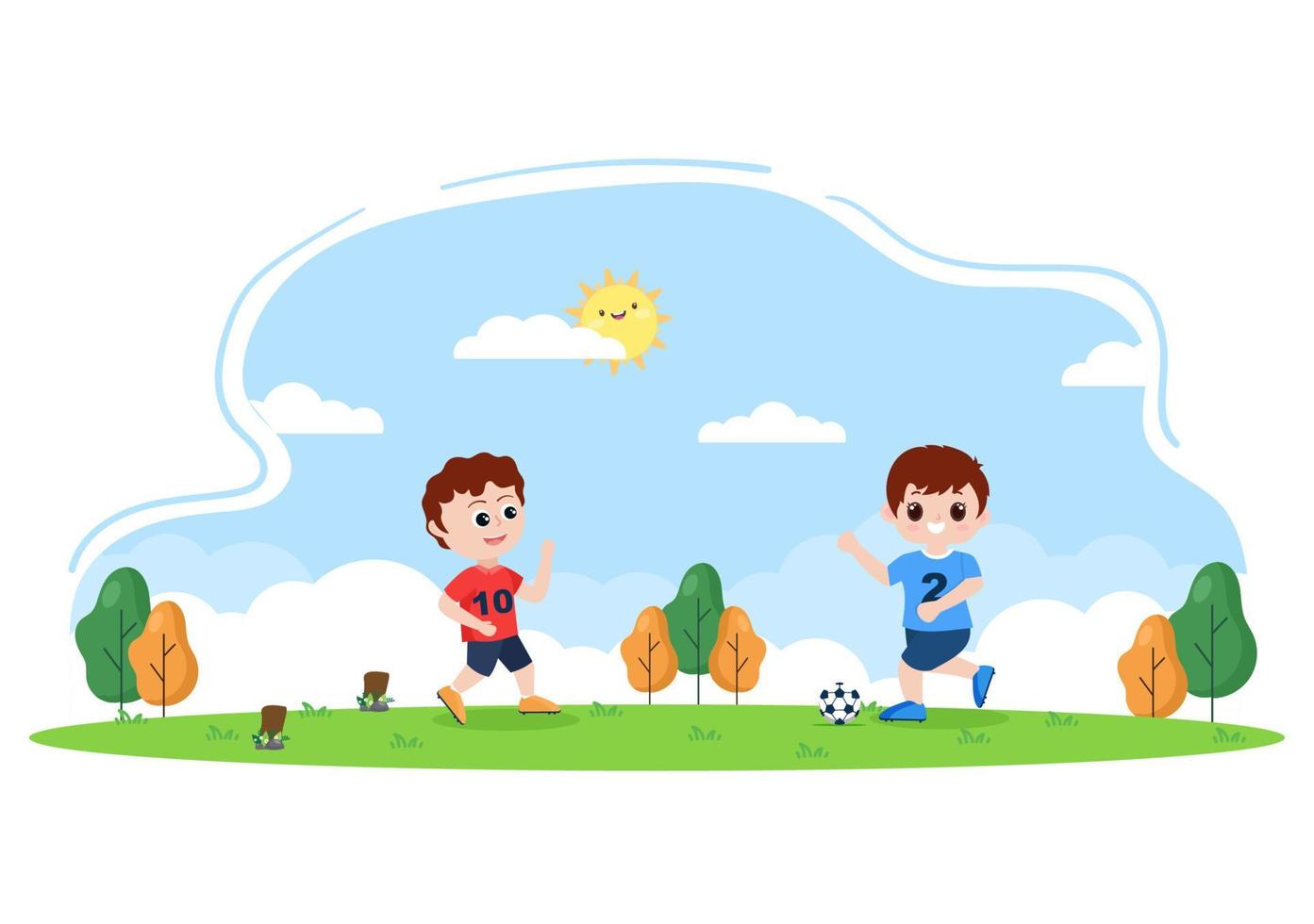 spela fotboll med pojkar spela fotboll bära sportuniform olika rörelser som sparkar, håller, försvarar, parerar och attackerar på fältet. vektor illustration