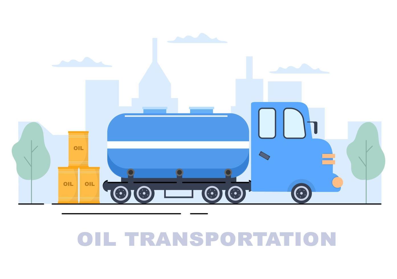 Öl-Gas-Industrie-Vektor-Illustration. Rohölgewinnung, Raffinerieanlage, Bohrung, Tankstelle, Tanknutzungsrohr und Lieferung von Kraftstoff per LKW-Transport vektor