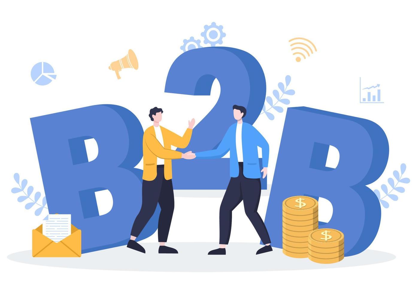 b2b eller business to business marknadsföring vektorillustration. affärsmän och klient skakar hand efter fastställd strategi, försäljning och handel för överenskommen transaktion vektor