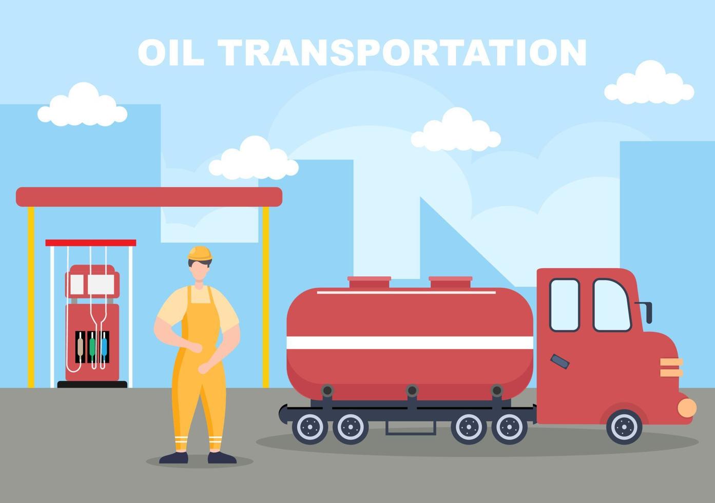 Öl-Gas-Industrie-Vektor-Illustration. Rohölgewinnung, Raffinerieanlage, Bohrung, Tankstelle, Tanknutzungsrohr und Lieferung von Kraftstoff per LKW-Transport vektor