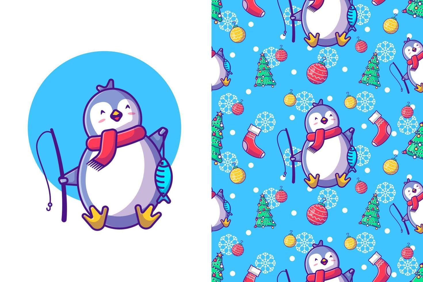 Frohe Weihnachten mit glücklichem Pinguin und Fisch im Winter nahtloses Muster vektor