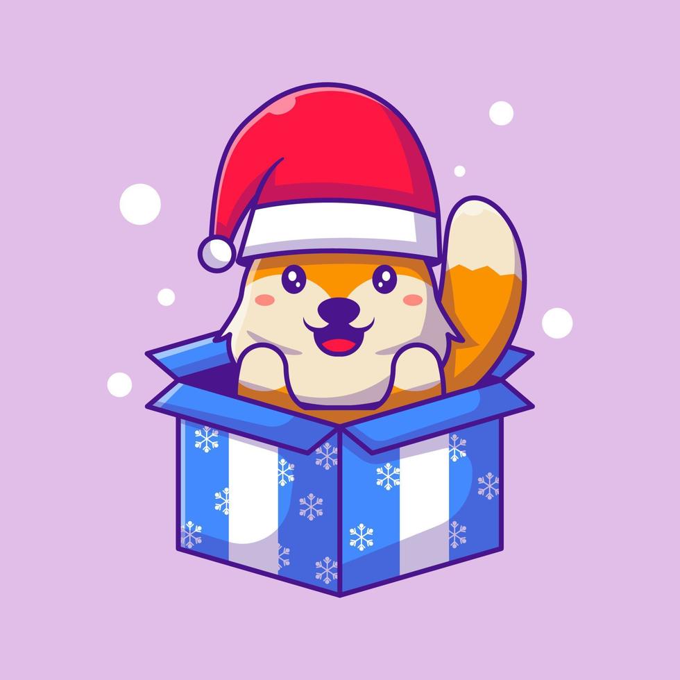 söt illustration av santa fox i presentförpackning god jul vektor