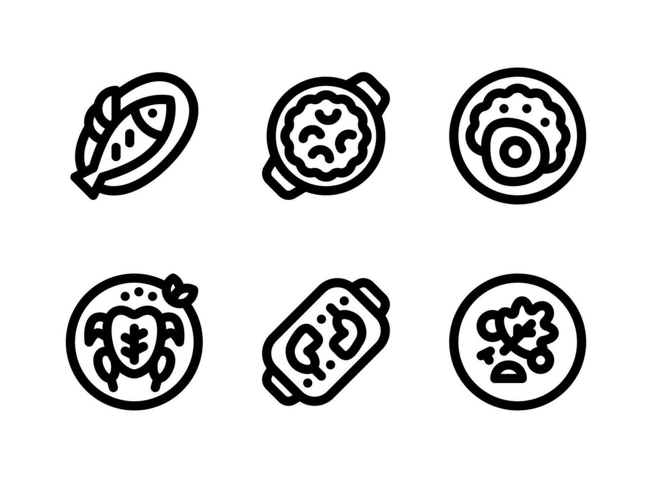 einfacher Satz von lebensmittelbezogenen Vektorliniensymbolen. enthält Symbole wie gekochter Fisch, Makkaroni, Brathähnchen und mehr. vektor