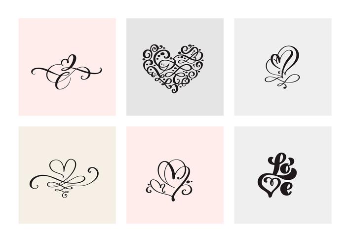 Satz von sechs Weinlese Vector Valentines Day Hand Drawn Calligraphic Heart. Kalligraphie Schriftzug Abbildung. Urlaub Design Valentinstag. Ikonenliebesdekor für Netz, Hochzeit und Druck. Isoliert