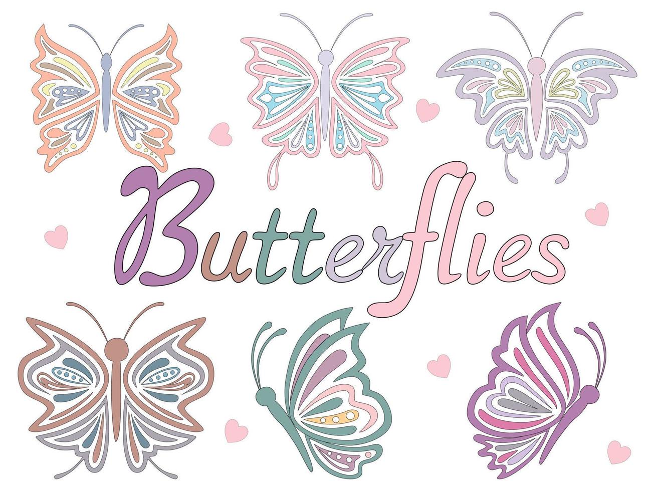 uppsättning fjärilar i pastellfärger designade i doodle-stil vektor