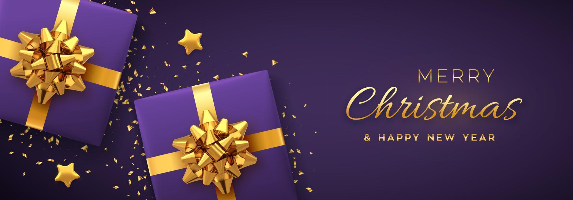 Weihnachtsbanner. realistische lila geschenkboxen mit goldener schleife, goldenen sternen und glitzerkonfetti. Weihnachtshintergrund, horizontales Weihnachtsplakat, Grußkarten, Header-Website. Vektor-Illustration. vektor