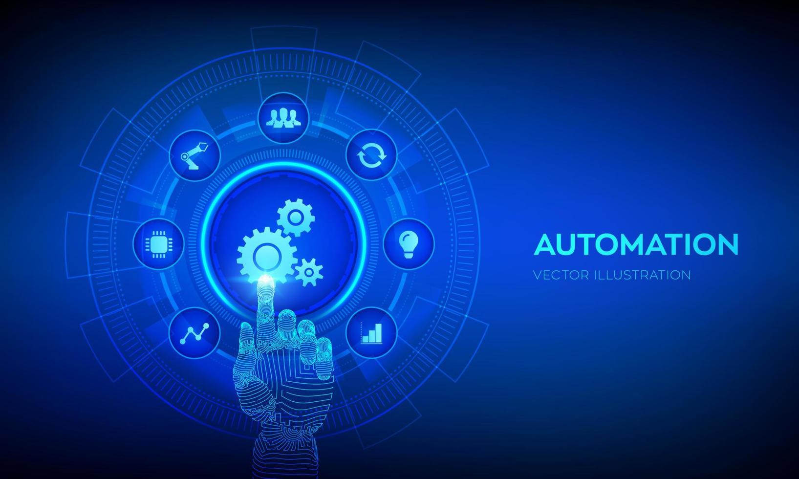 automationsprogramvara. iot och automationskoncept som en innovation som förbättrar produktiviteten inom teknik och affärsprocesser. robothand som rör vid digitalt gränssnitt. vektor illustration.