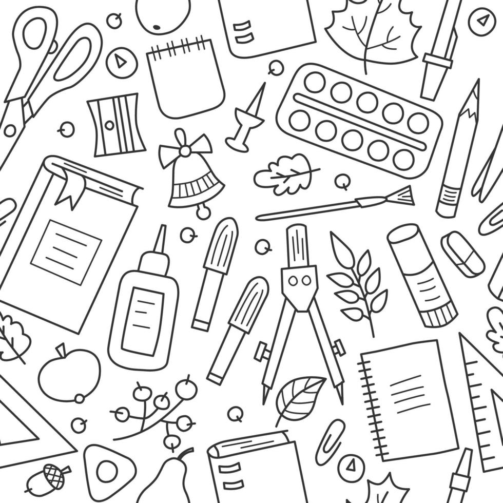 nahtloses Muster mit Schul- und Büromaterial im Doodle-Stil. Vektor