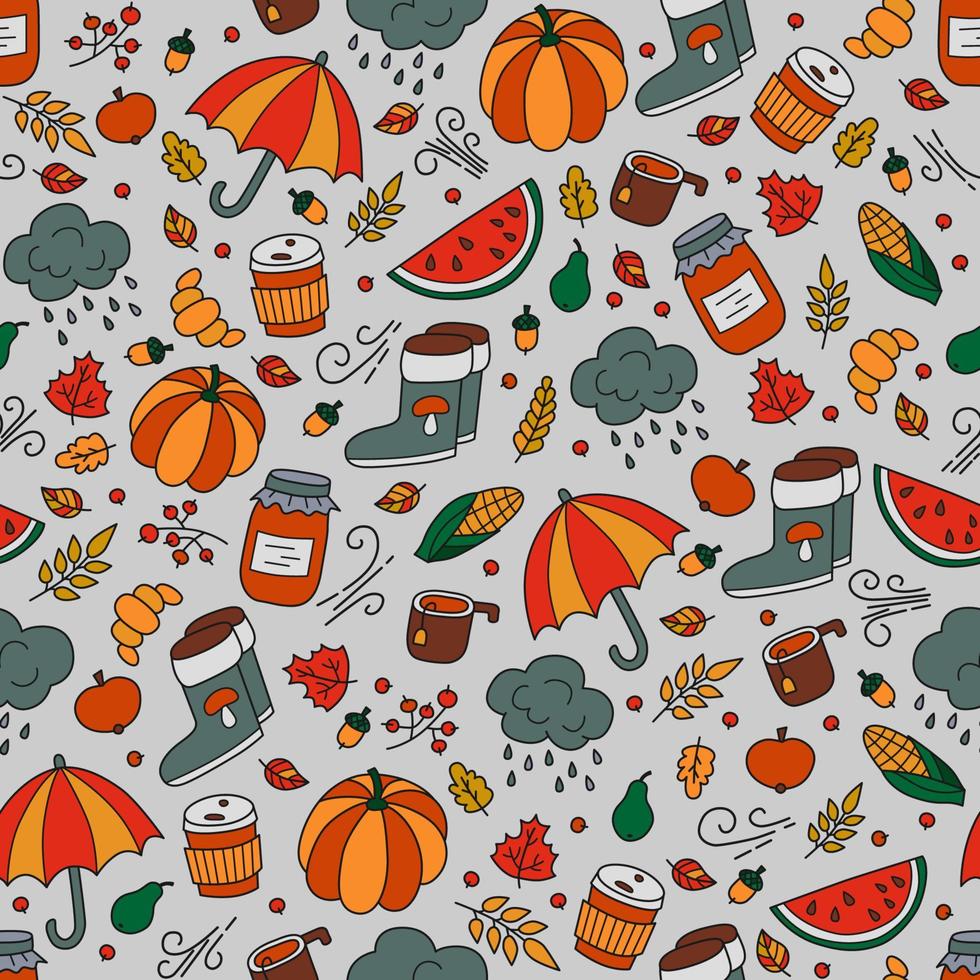 Herbst nahtlose Muster im Doodle- und Cartoon-Stil. Regenschirm und Regen, Kürbis und Wassermelone, Gummistiefel. Vektorillustration auf grauem Hintergrund vektor