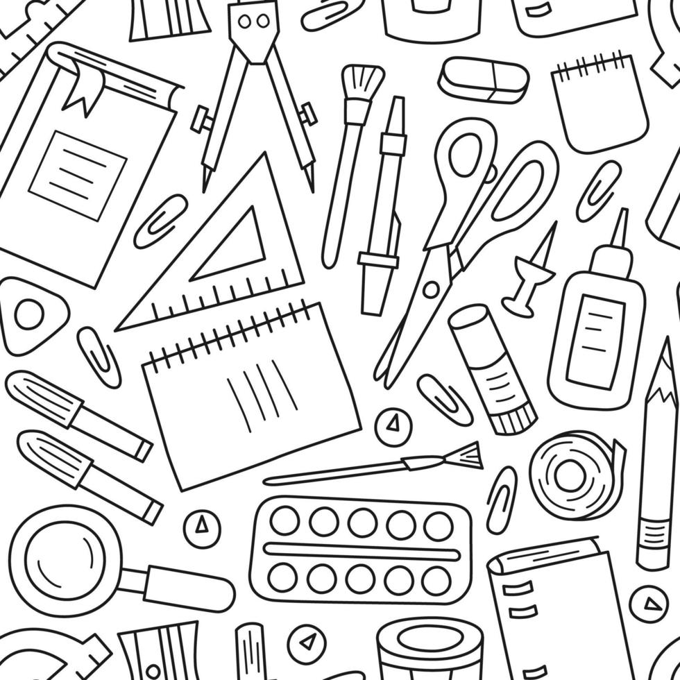 nahtloses Muster mit Schul- und Büromaterial im Doodle-Stil. Vektor