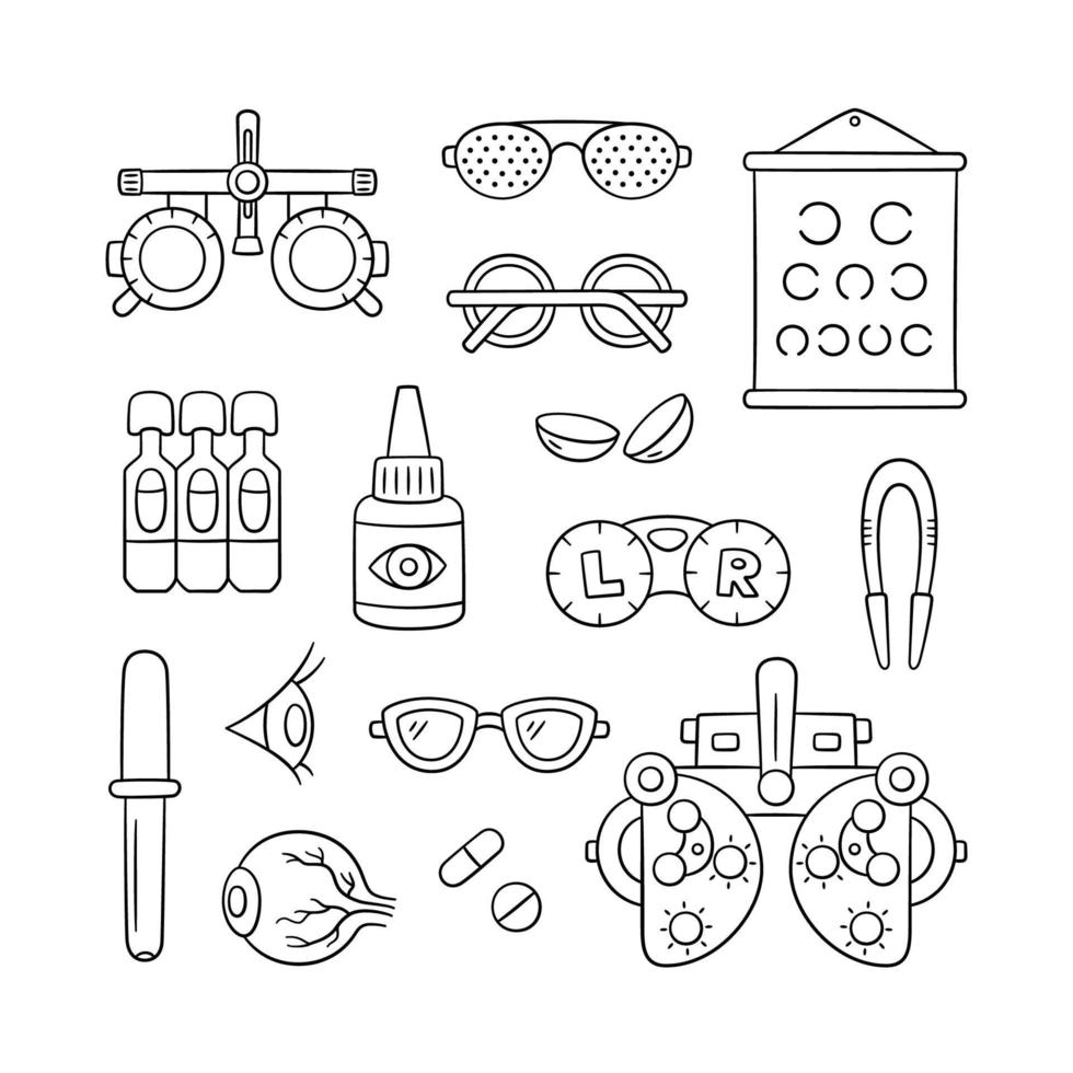 Augenheilkunde handgezeichnetes Set. Kontaktlinse, Augapfel, Brille, Phoropter und mehr. Optometrie-Doodle-Objekte vektor