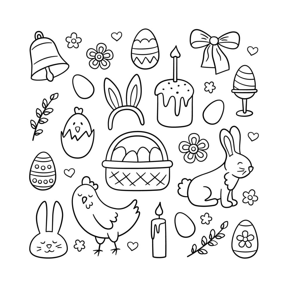 süßes Oster-Doodle-Set - Hase, Korb, Ostereier, Kuchen, Hühnchen, Weidenzweige und Kerzen vektor