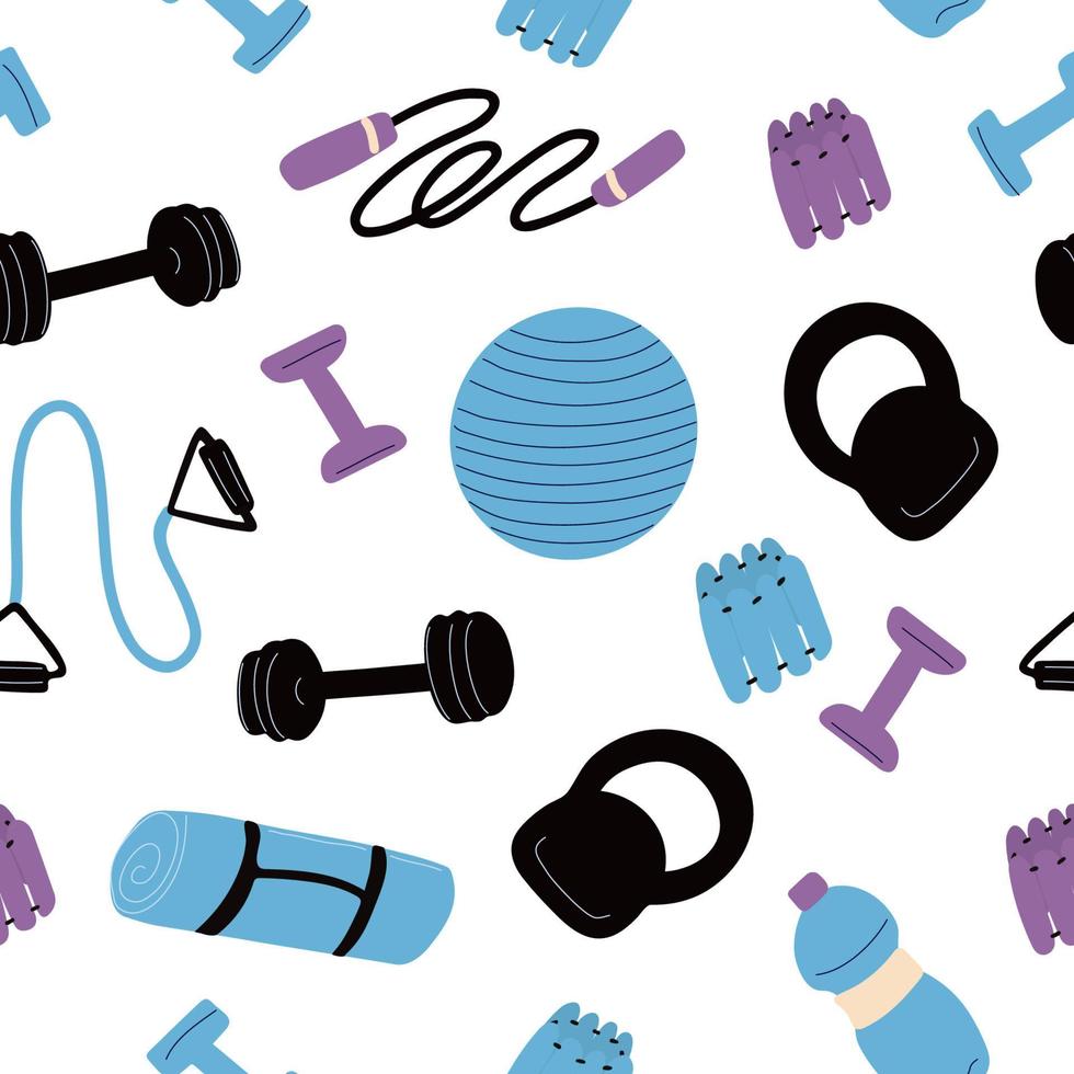 seamless mönster med sportutrustning. träningskoncept. hantel, kettlebell, hopprep, bröstexpander, matta, fitnessboll, ankelvikter. vektor illustration på vit bakgrund.