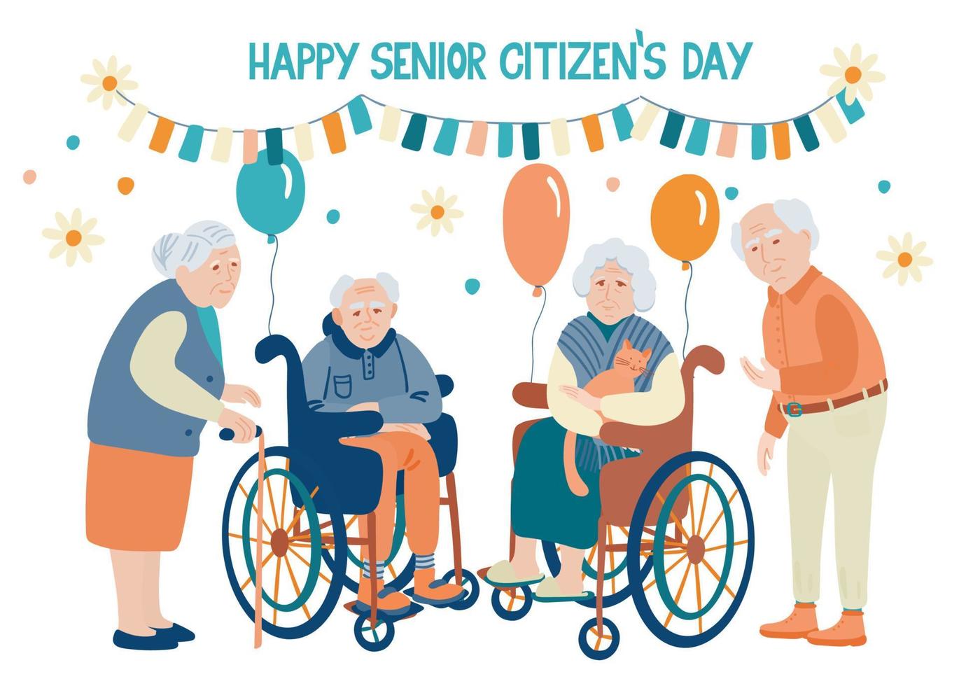 glad seniordag. bokstäver och illustration av äldre män och kvinnor med ballonger, bunting party flaggor vektor
