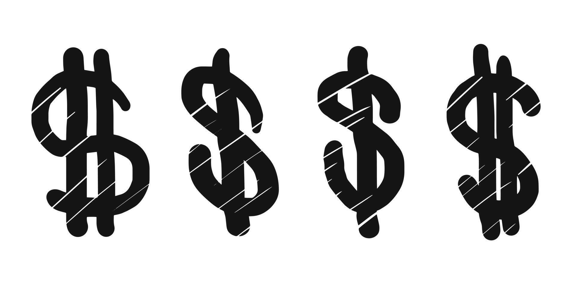 Gekritzel Dollar Symbol Satz. Währung Zeichen Symbol Hand gezeichnet. Geschäft und Finanzen Symbol Element. Vektor Illustration
