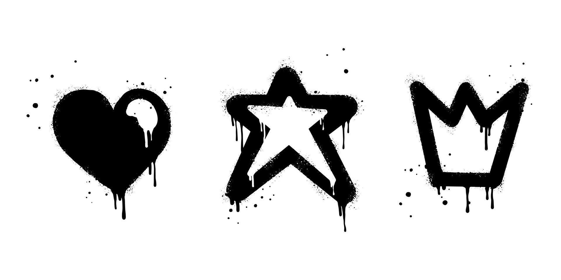 sprühen gemalt Graffiti Krone, Star und Herz tropfen Symbol. isoliert auf Weiß Hintergrund. Vektor Illustration