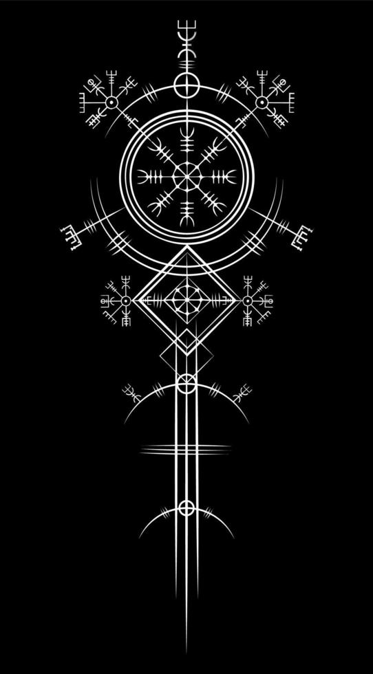 magischer alter Wikinger-Art-Deco, vegvisir magischer Navigationskompass altertümlich. Die Wikinger verwendeten viele Symbole in Übereinstimmung mit der nordischen Mythologie, die in der Wikingergesellschaft weit verbreitet sind. Logo-Symbol wiccan esoterisches Zeichen vektor