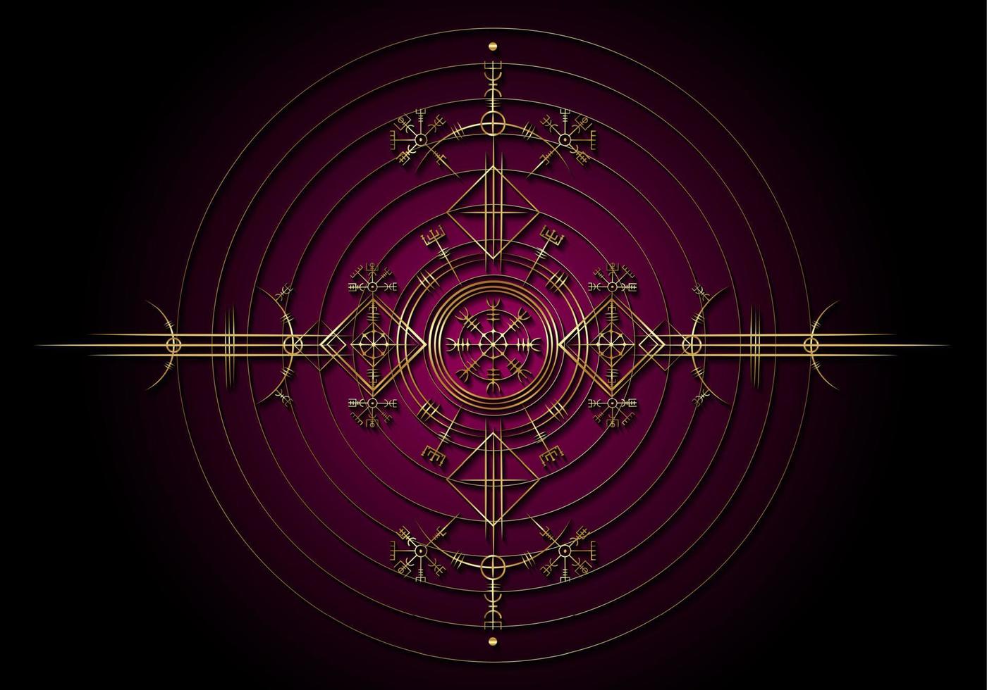magischer alter Wikinger-Art-Deco-, Gold-Vegvisir-Navigationskompass uralt. Die Wikinger verwendeten viele Symbole in Übereinstimmung mit der nordischen Mythologie, die in der Wikingergesellschaft weit verbreitet sind. Logo-Symbol wiccan esoterisches Zeichen vektor