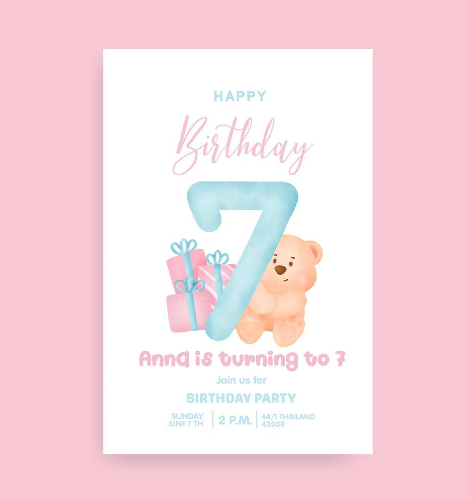 Geburtstagszahlen mit süßem Teddybär für Geburtstagsfeier-Einladungskarte. vektor