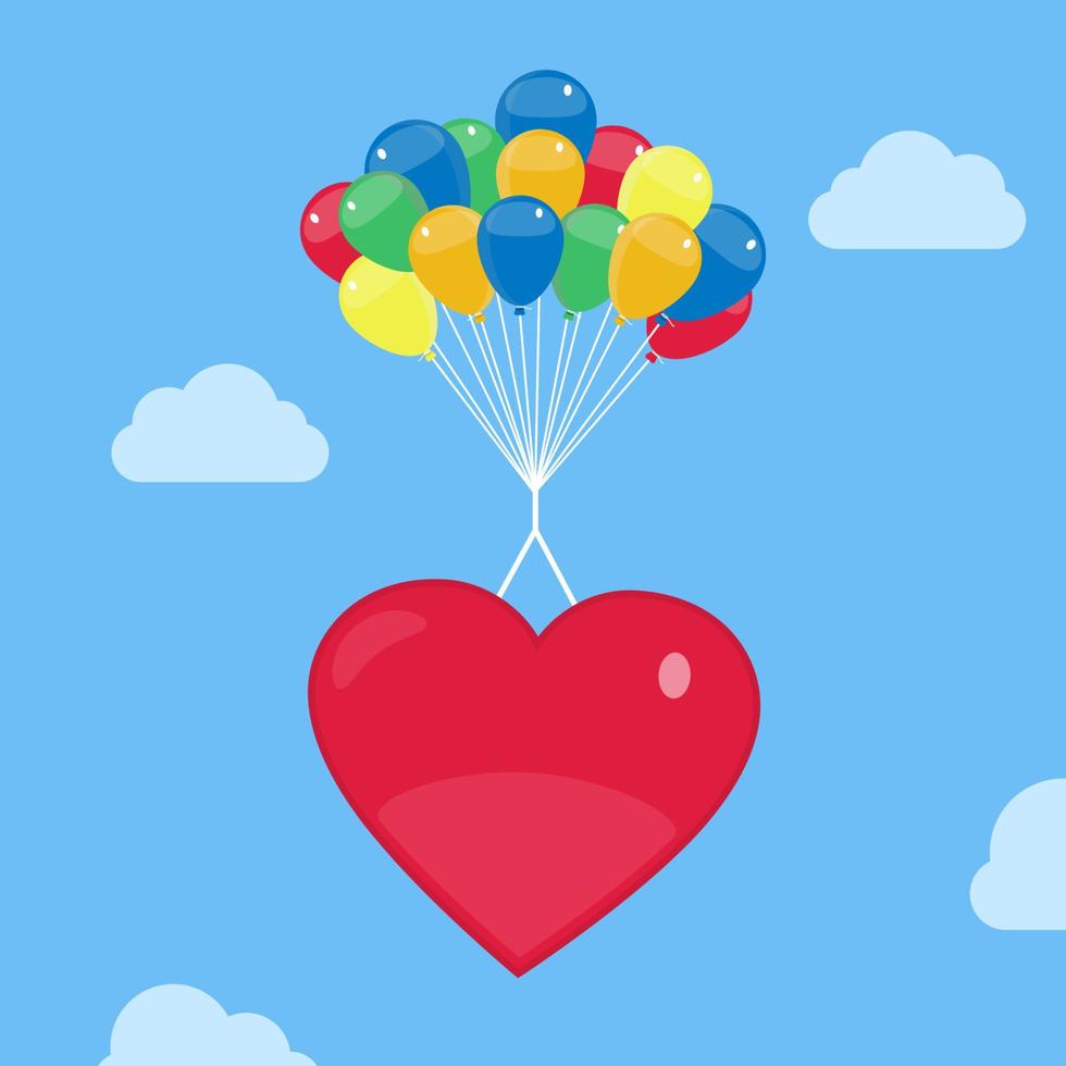 hjärtform hängande från heliumballonger, svävande och svävande i himlen. vektor