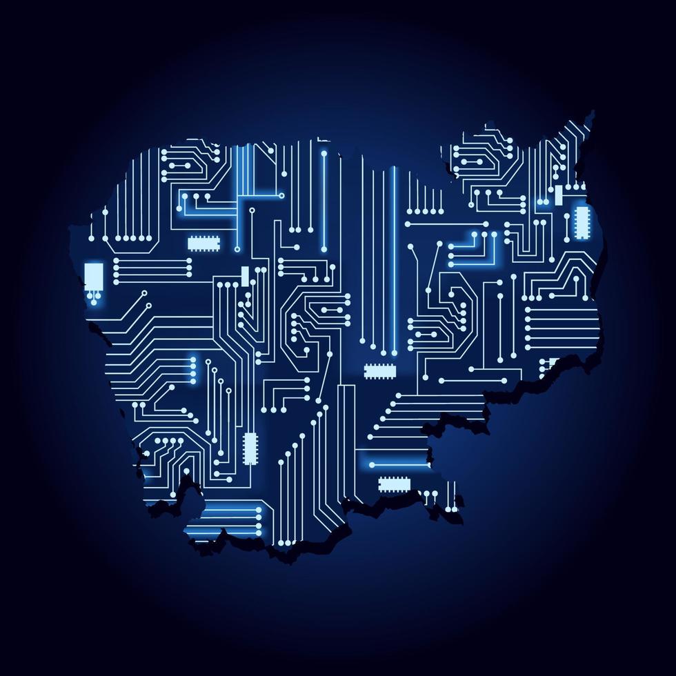 Konturkarte von Kambodscha mit einer technologischen Elektronikschaltung. vektor