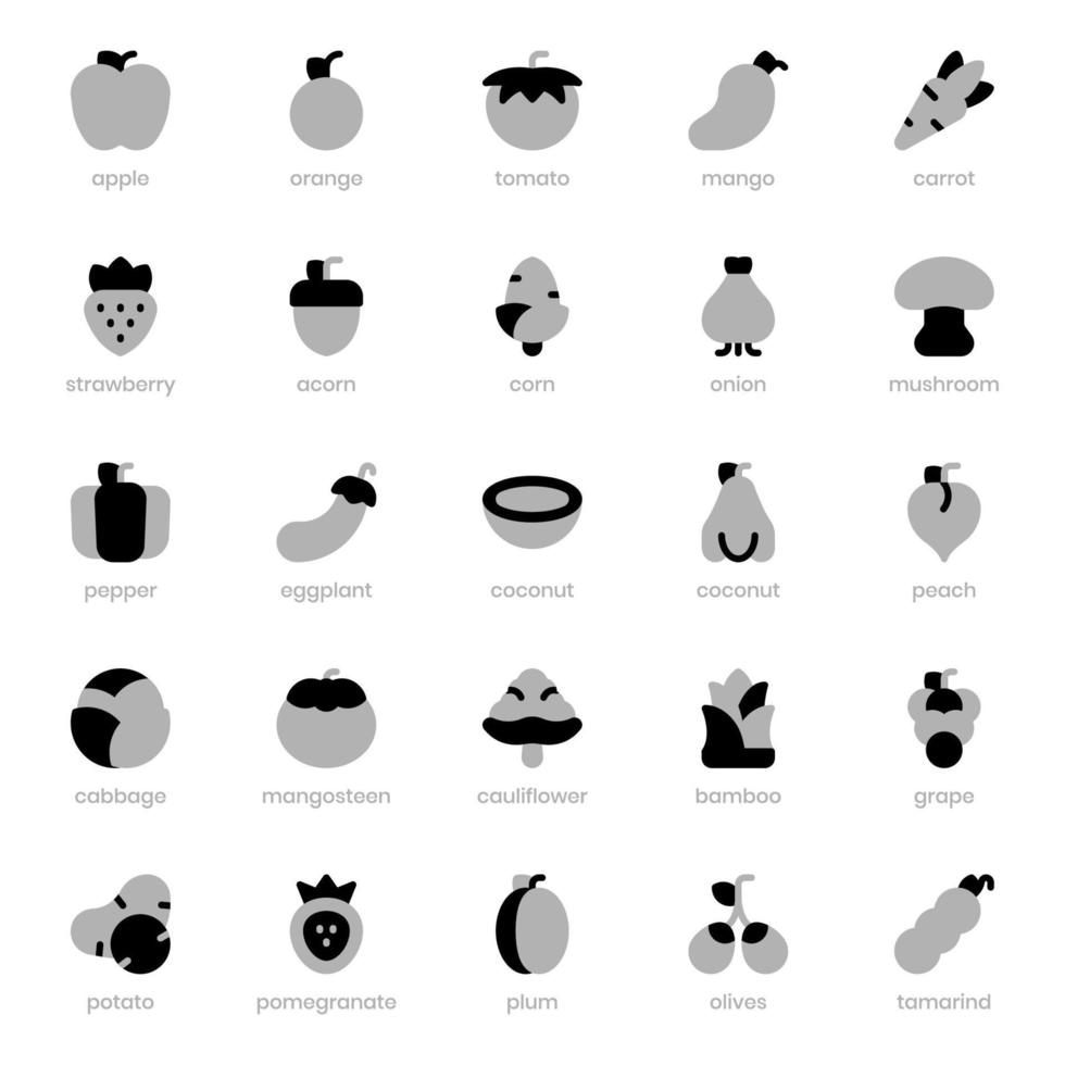 Obst- und Gemüse-Icon-Pack für Ihr Website-Design, Logo, App, Benutzeroberfläche. Duo-Ton-Design für Obst und Gemüse. Vektorgrafiken und bearbeitbare Striche. vektor