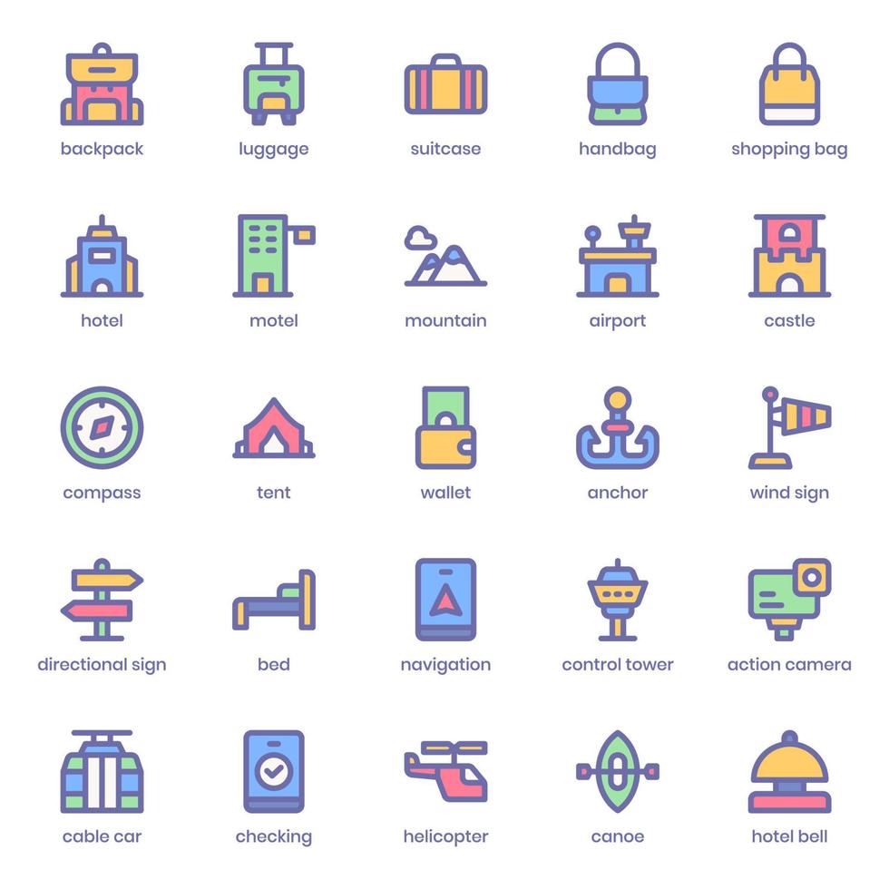 Reise-Icon-Paket für Ihr Website-Design, Logo, App, Benutzeroberfläche. Lineares Farbdesign der Reiseikone. Vektorgrafiken und bearbeitbare Striche. vektor
