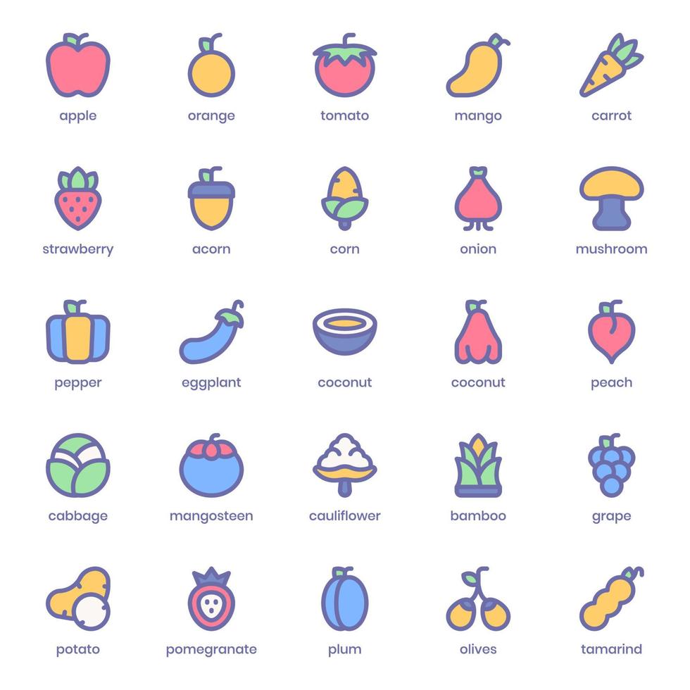 Obst- und Gemüse-Icon-Pack für Ihr Website-Design, Logo, App, Benutzeroberfläche. Obst und Gemüse Symbol lineare Farbgestaltung. Vektorgrafiken und bearbeitbare Striche. vektor