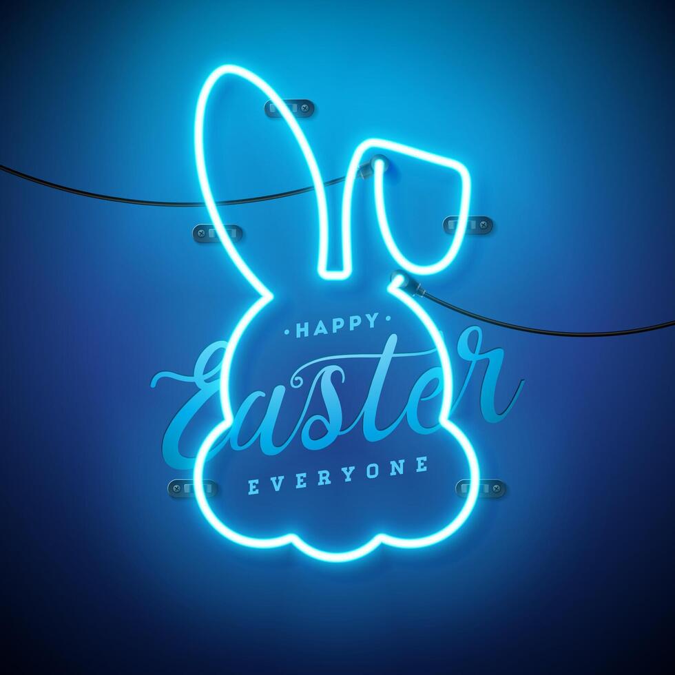 glücklich Ostern Illustration mit glühend Neon- Licht und Typografie Brief auf Blau Hintergrund. Vektor Ostern Tag Urlaub Design zum Flyer, Gruß Karte, Banner, Urlaub Poster oder Party Einladung