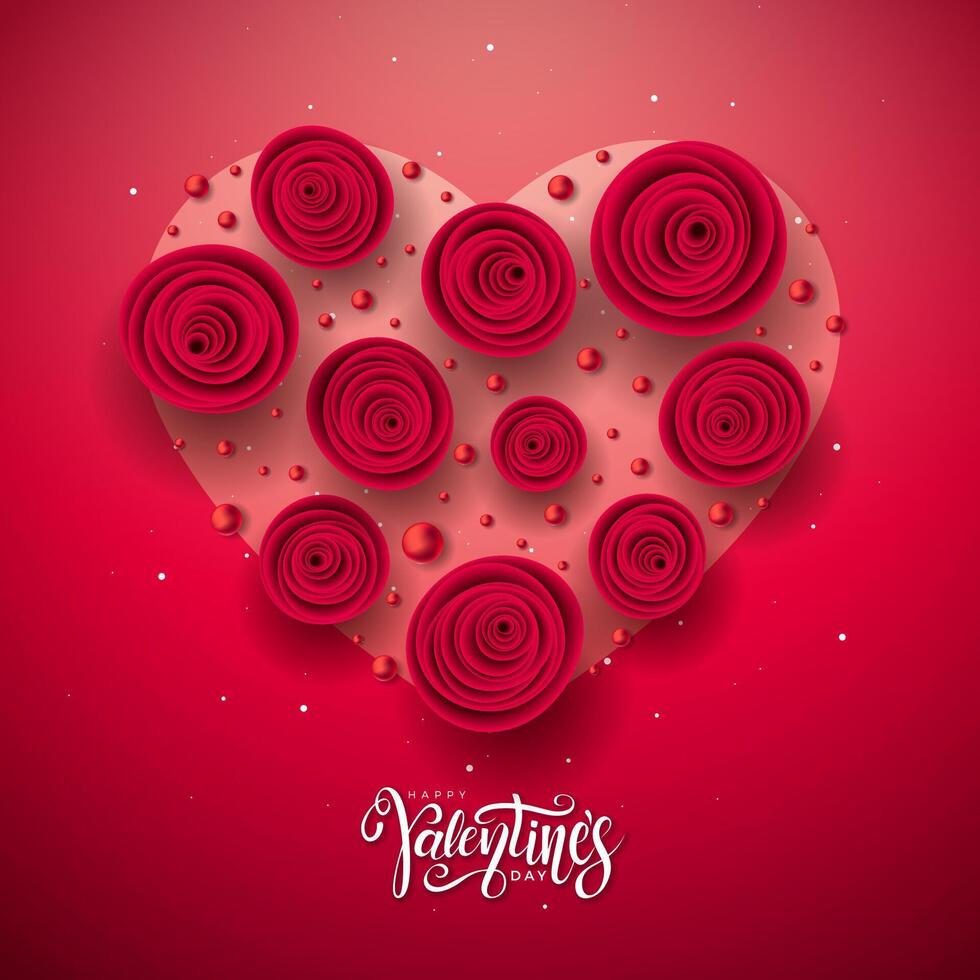 glücklich Valentinsgrüße Tag Design mit Rose Blume im ein Herz gestalten und Handschrift Typografie Brief auf rot Hintergrund. Vektor Liebe, Hochzeit und romantisch Valentinstag Thema Illustration