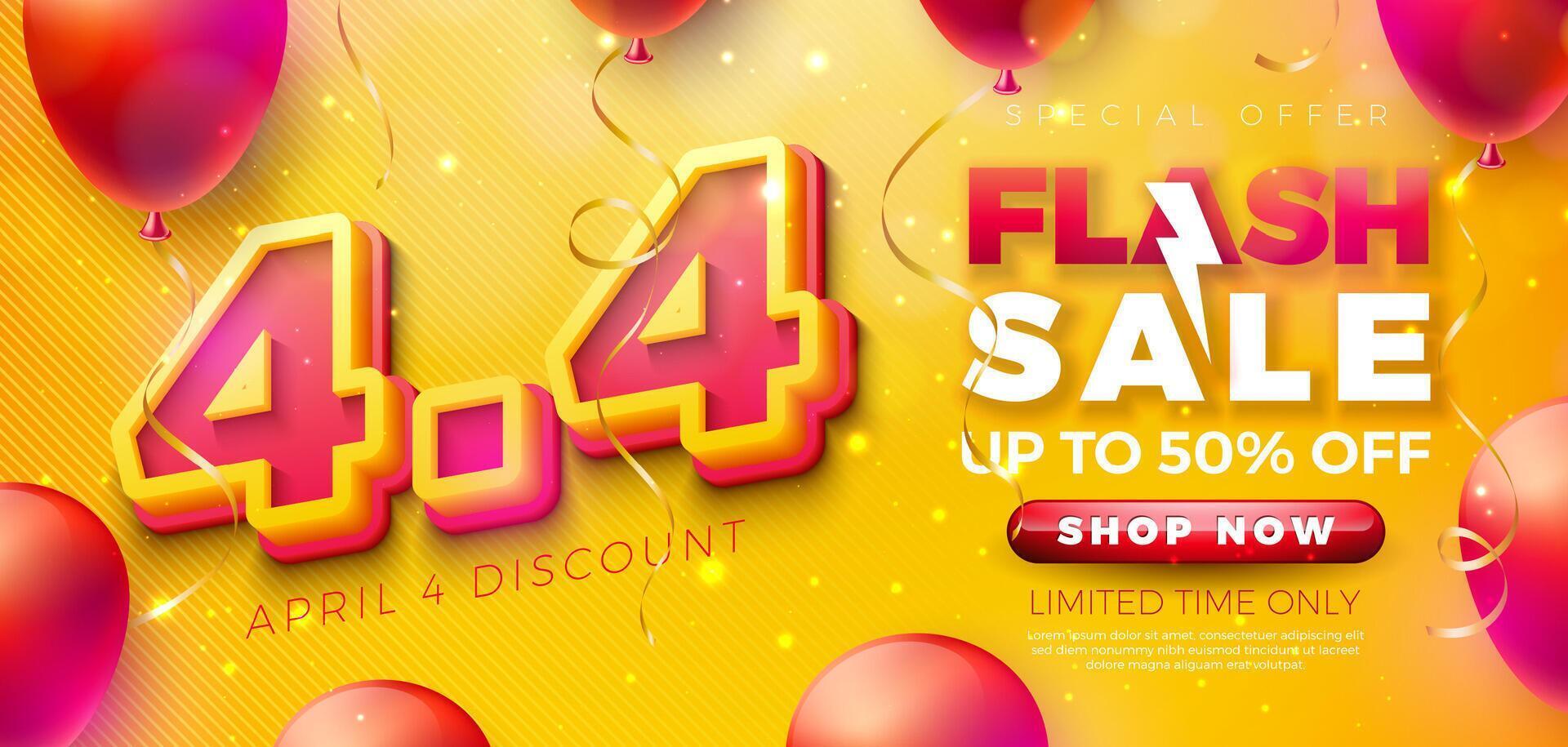 Werbung Geschäft Blitz Verkauf Design mit 3d 4.4 Nummer und Party Ballon auf Gelb Hintergrund. Vektor April 4 Besondere Angebot Illustration zum Coupon, Gutschein, Banner, Flyer, Werbung Poster