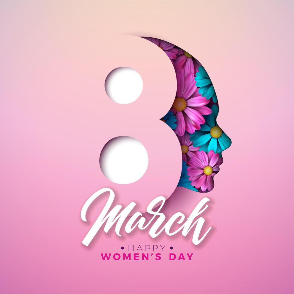 8 März International Damen Tag Vektor Illustration mit Frühling bunt Blume im jung Frau Gesicht Silhouette und weiblich Symbol auf Licht Rosa Hintergrund. Frauen oder Mutter Tag Thema Vorlage zum Flyer