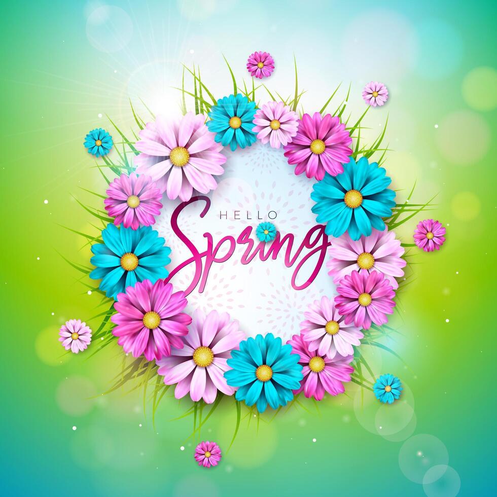Vektor Illustration auf ein Frühling Natur Thema mit schön bunt Blume auf Grün Hintergrund. Blumen- Design Vorlage mit Typografie Brief zum Banner, Flyer, Einladung, Poster oder Gruß Karte