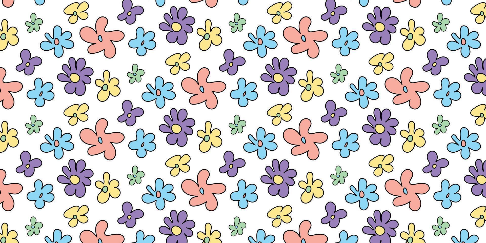 trendig blommig sömlös mönster illustration. årgång 70s stil hippie blomma bakgrund design. färgrik pastell Färg häftig konstverk, y2k natur bakgrund med daisy blommor. vektor