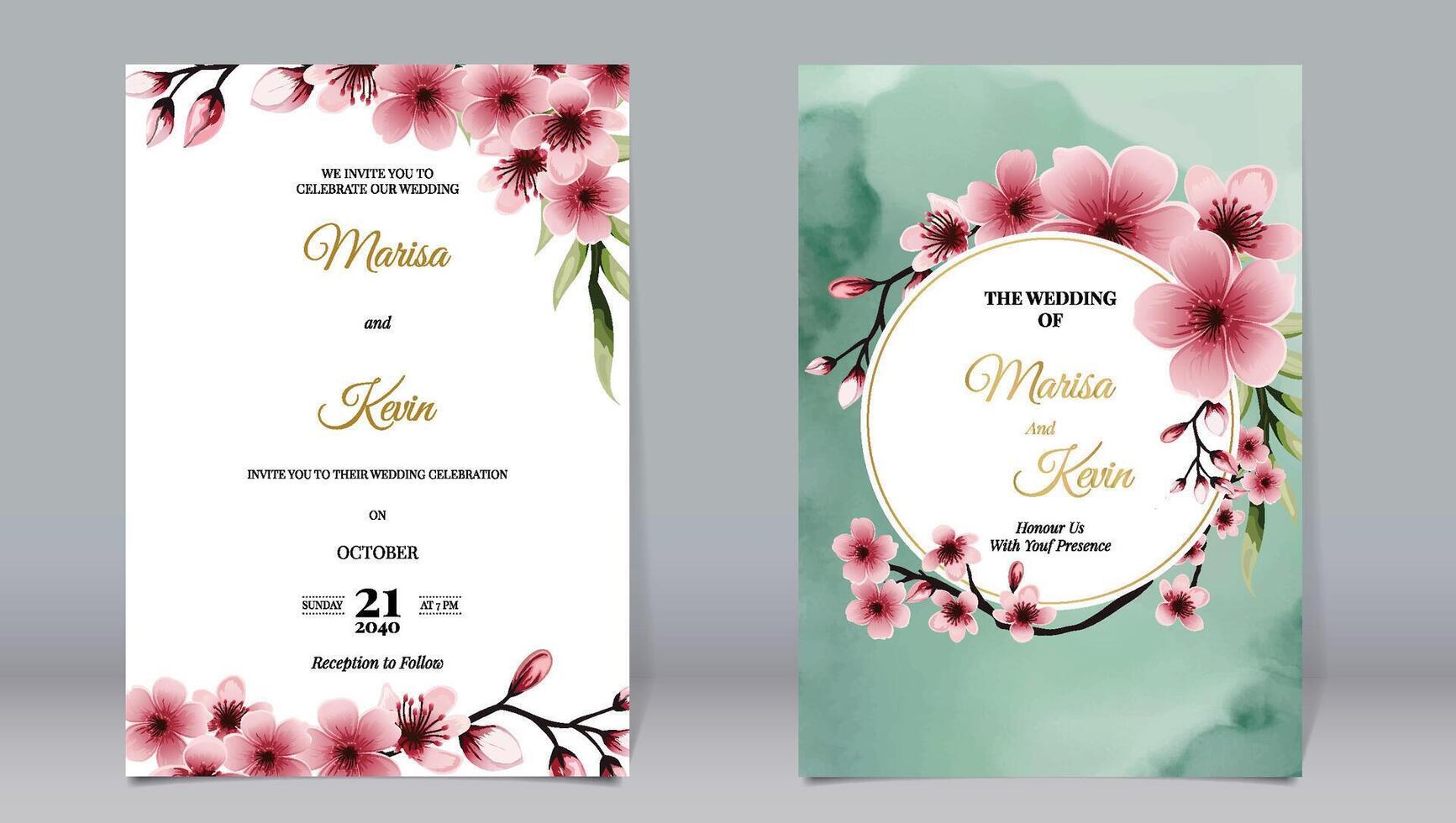Luxus Hochzeit Einladung Kirsche blühen Dekoration und Gold kreisförmig Linien auf Aquarell Hintergrund vektor