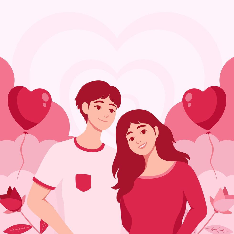 Vektor Karikatur eben illustration.jung Menschen im Liebe. Valentinstag Tag Gruß Karte Konzept im rot und Rosa Farben. fliegend Liebe Ballon, Wolken, und Rosen.