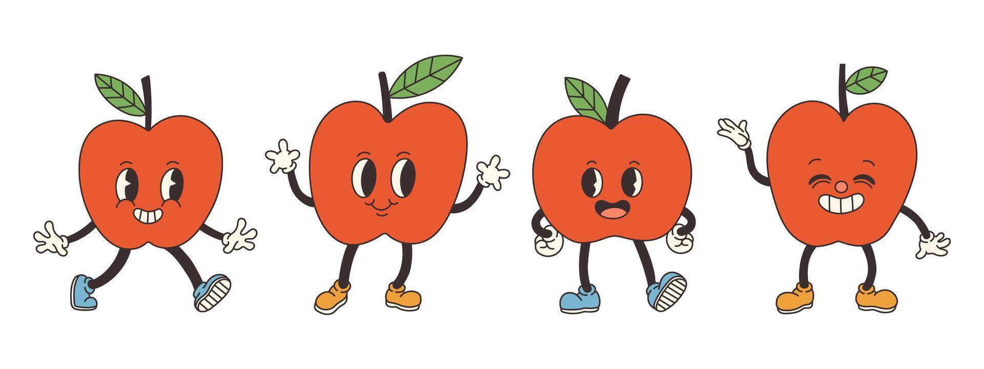 groovig Apfel Satz. Hand zeichnen komisch retro Jahrgang modisch Stil Apfel Karikatur Charakter Illustration. Gekritzel Comic Sammlung. Vektor Illustration
